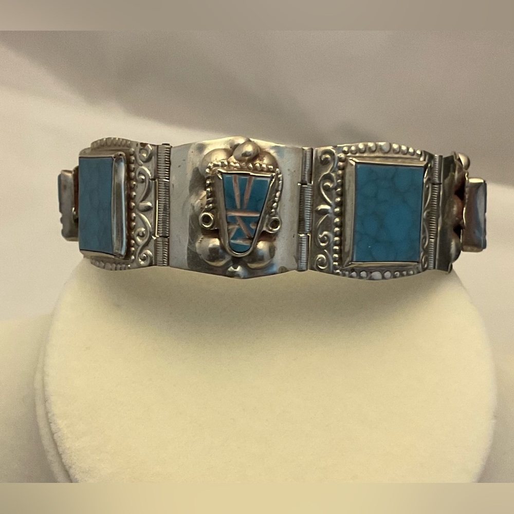 Stunning Hecho En Taxco Vintage Turquoise Bracelet - Picture 2 of 12